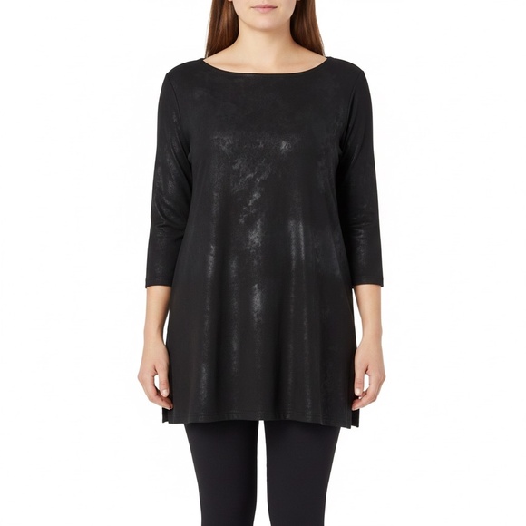 SYMPLI Black Mottled / Acid Wash Metallic Look Finish 3/4 Sleeve Top Sz 16 - Picture 1 of 9